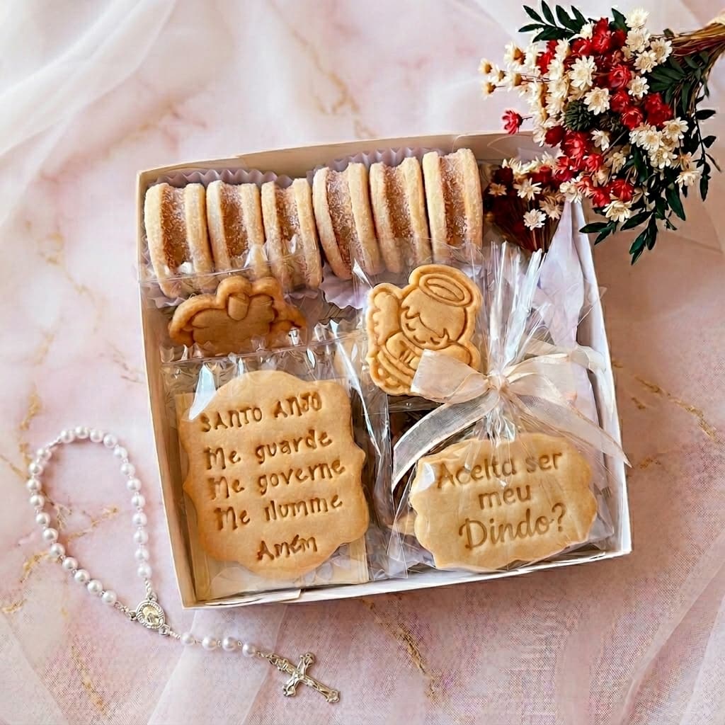 Caixa convite para padrinhos da ViBiscoitos com biscoitos artesanais, biscoito “Aceita ser meu Dindo?”, biscoito “Santo Anjo”, arranjo de flores secas e mini terço de pérolas