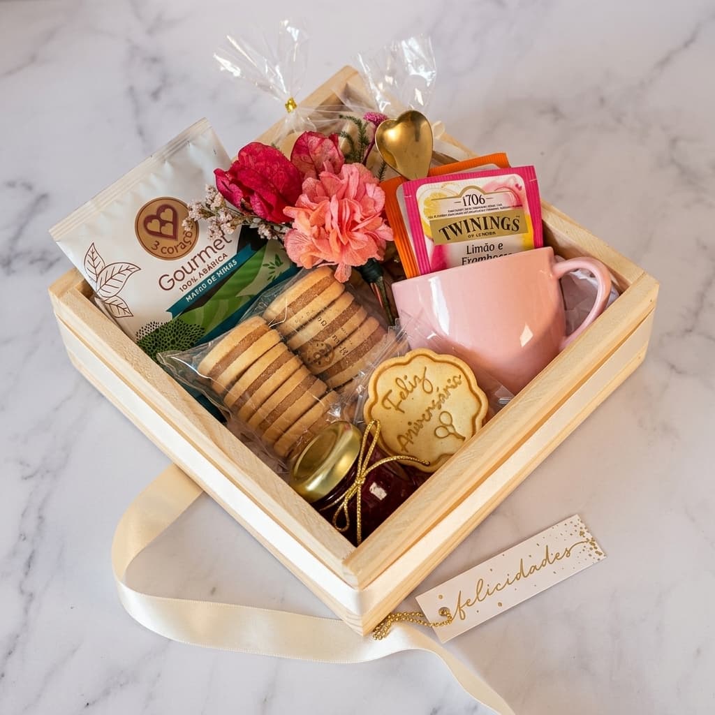 Caixa de madeira de pinus da ViBiscoitos com xícara, colher coração, café, chá Twinings, geleia e biscoitos artesanais