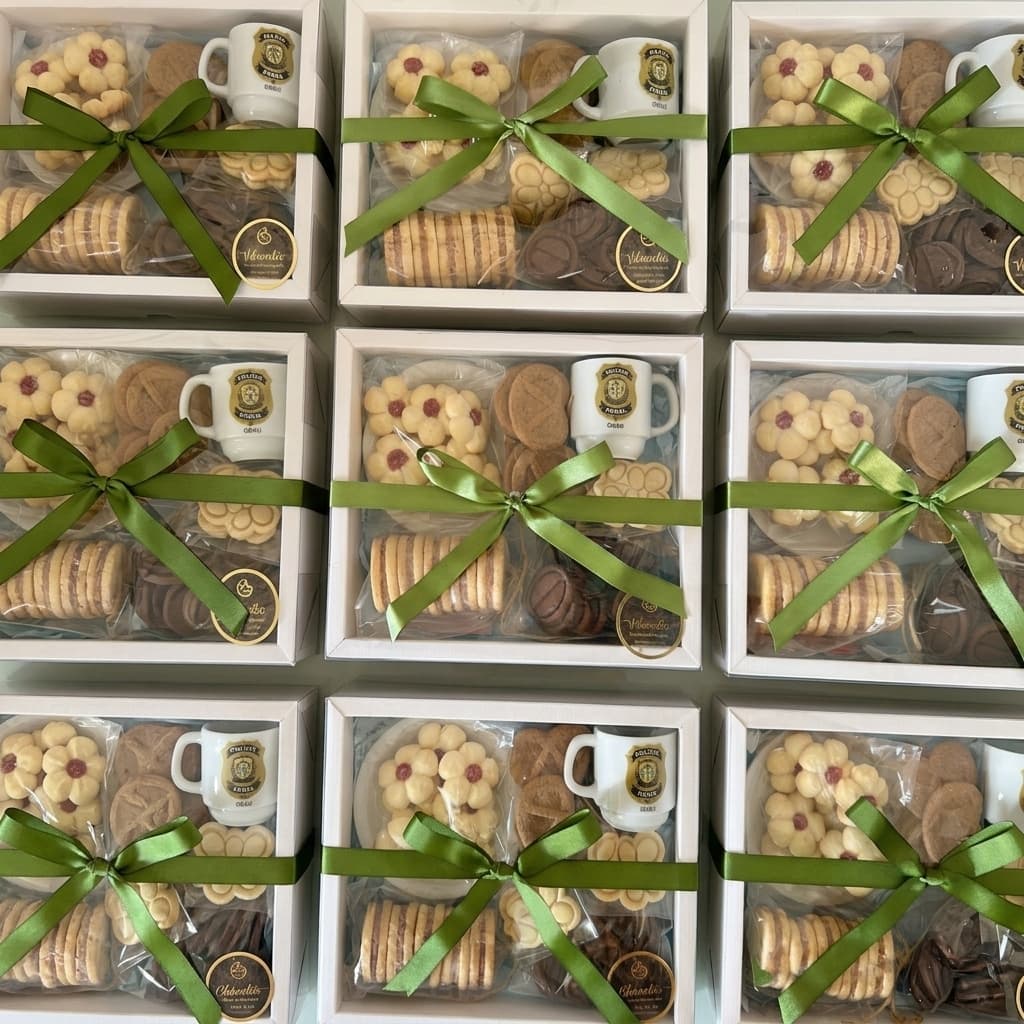 Caixas de presente corporativas da ViBiscoitos com biscoitos artesanais, canecas personalizadas e laço verde — entre em contato para encomendar em Brasília